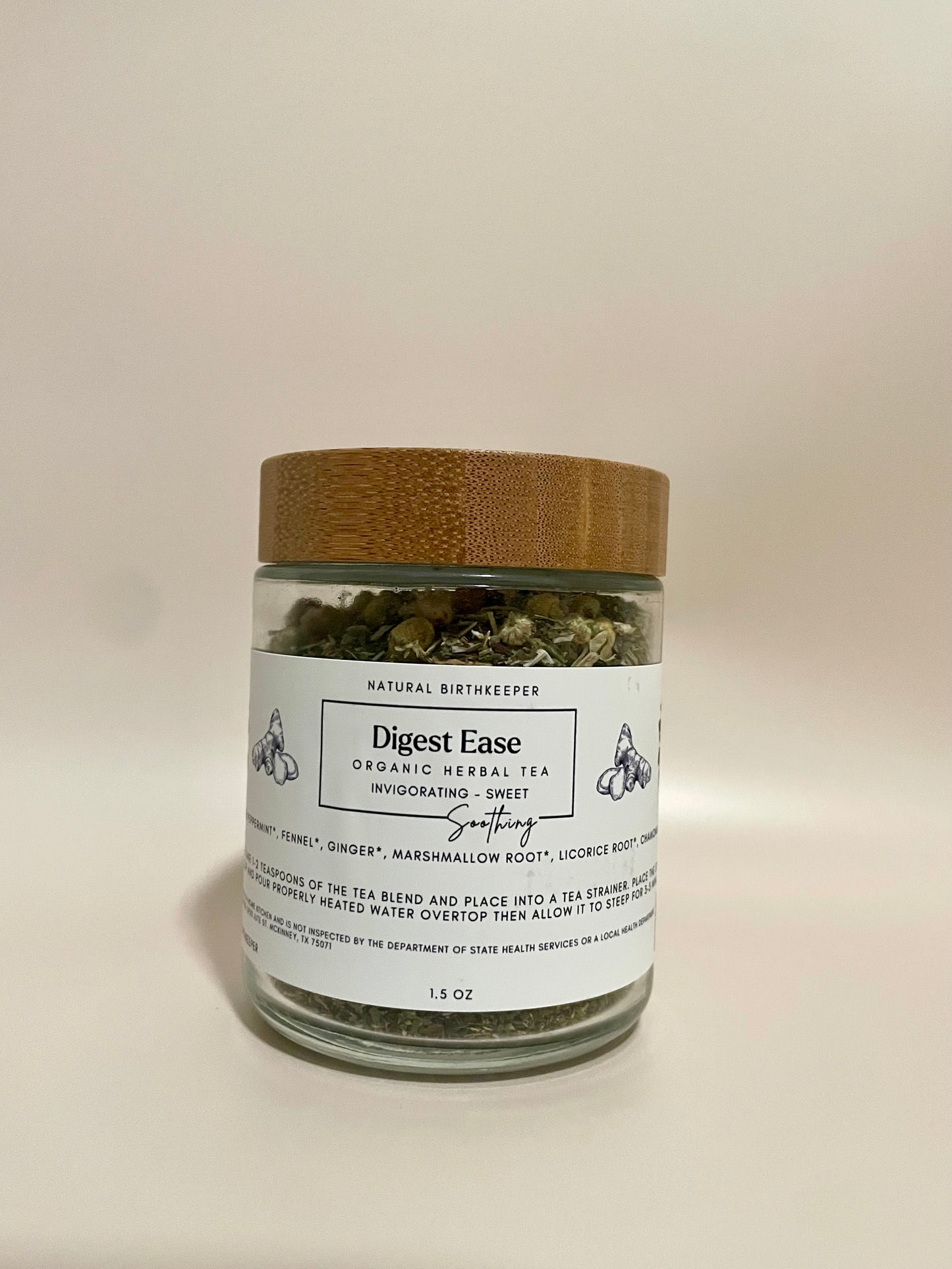 Digest ease organic herbal tea blend for nausea, bloating, gas and stomach discomfort 1.5 oz glass jar