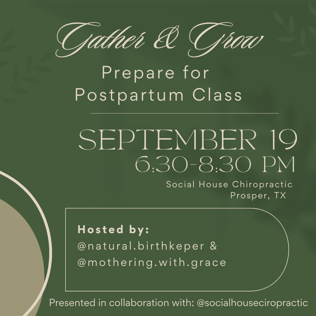 interactive prepare for postpartum class for couples September 19 6:30-8:30 at Social House Chiropractic Prosper, TX