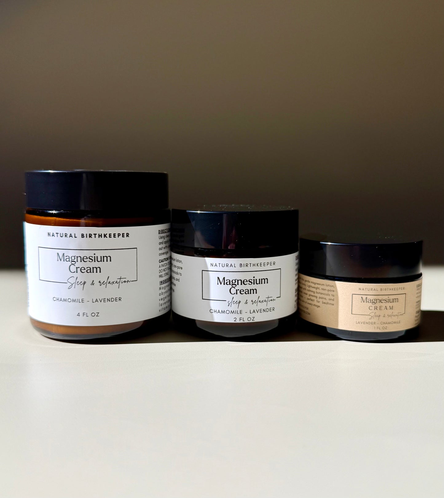 Organic herbal infused vegan magnesium cream. 4 oz, 2 oz, 1 oz amber jars.