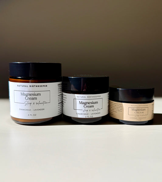 Organic herbal infused vegan magnesium cream. 4 oz, 2 oz, 1 oz amber jars.