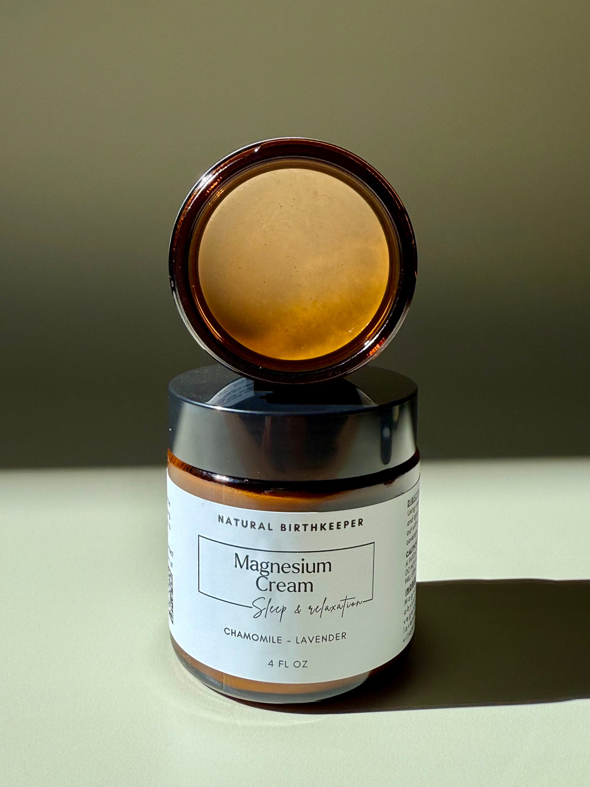 Organic herbal infused vegan magnesium cream. 4 oz amber jars.